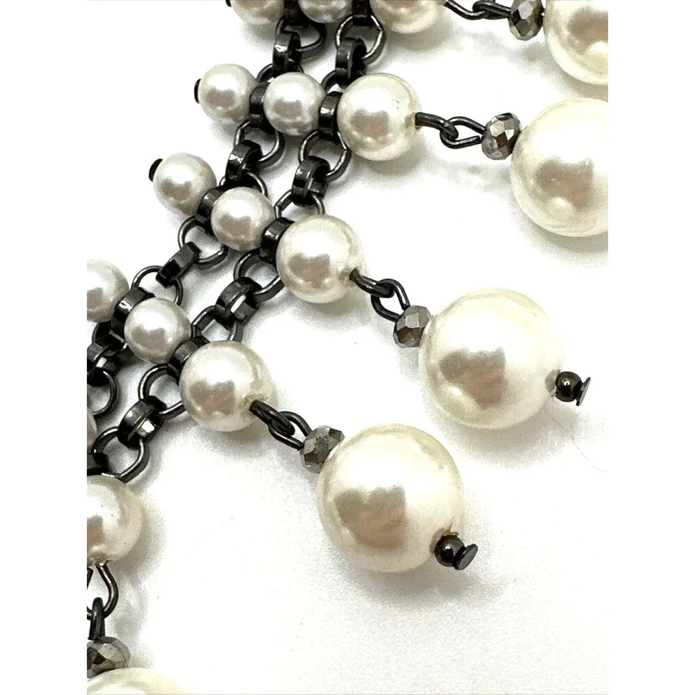 Vintage Faux Pearl Dangle Collar Necklace Black Chain Tribal Choker 14